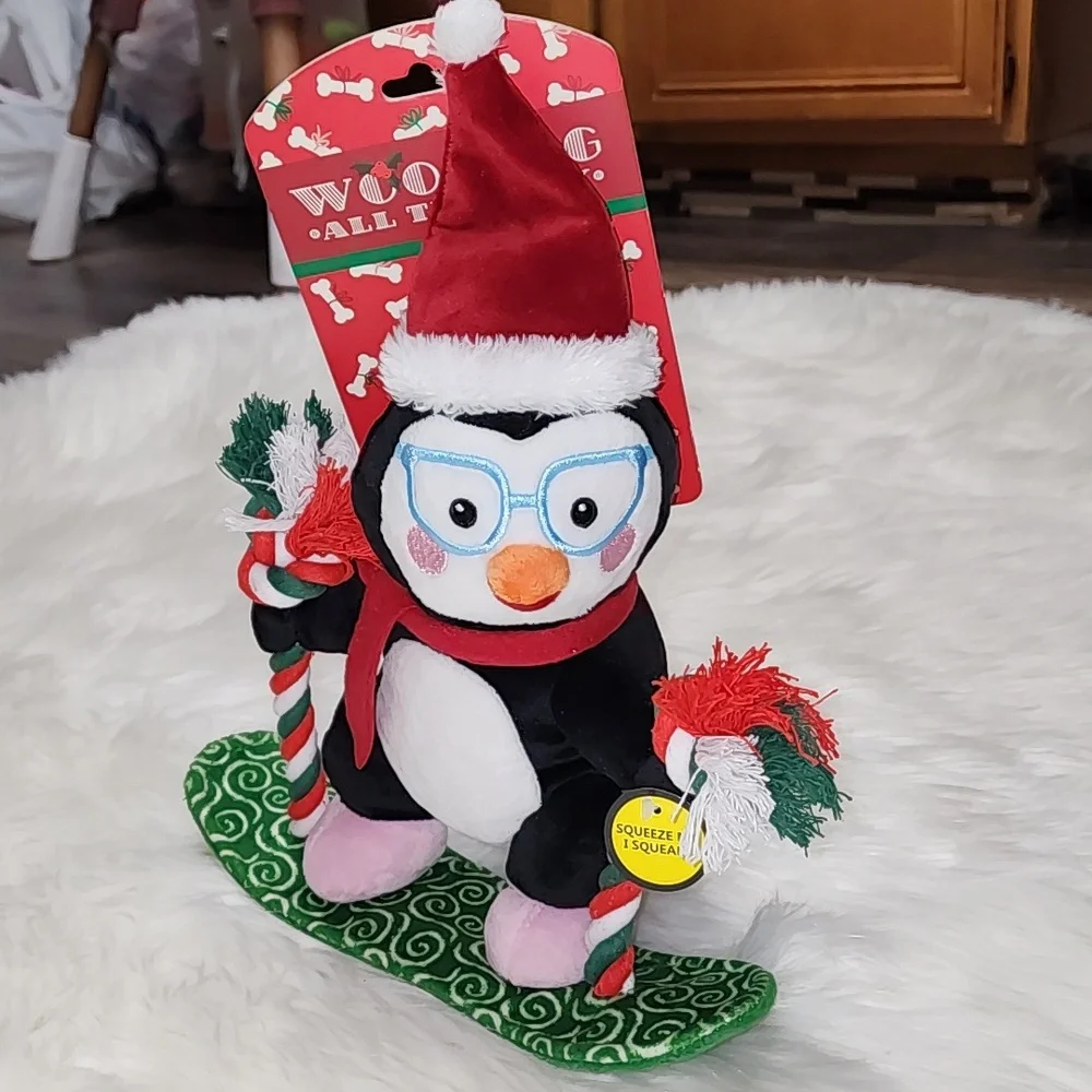 Christmas Penguin On Snowboard Squeaker Dog Toy New With Tags